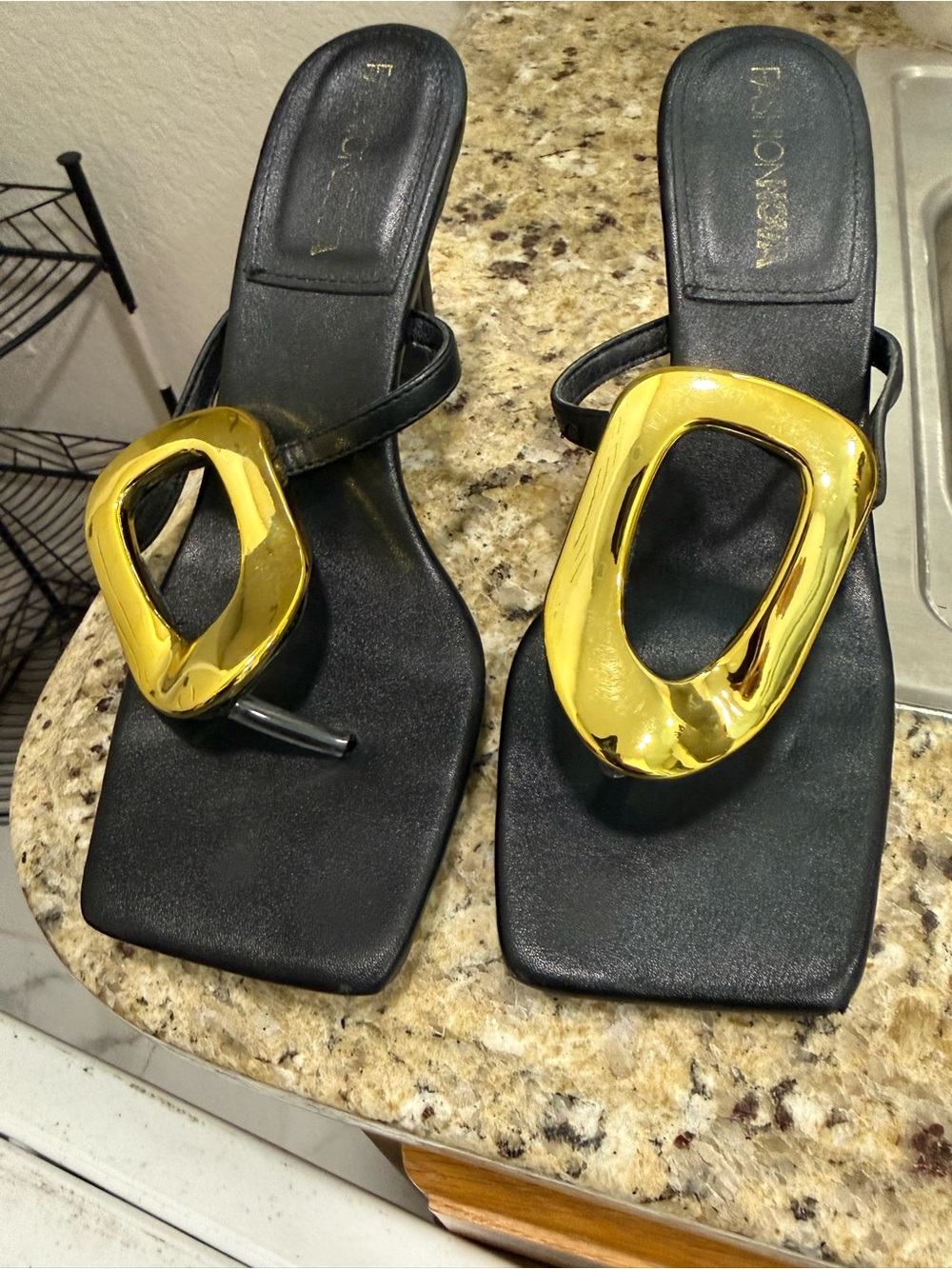 Fashion Nova Black Sandals with Gold Buckle Detail